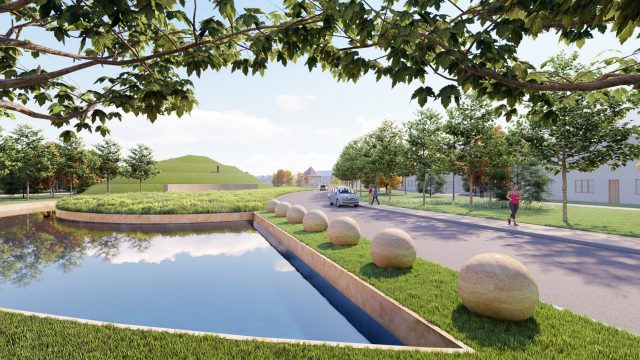 Planned road and water feature at Fairham. CGI.