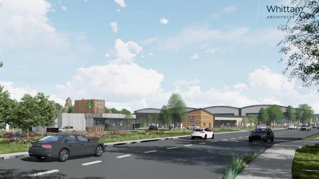 Viking Park, aldi CGI. Supermarket and drive thru on a road