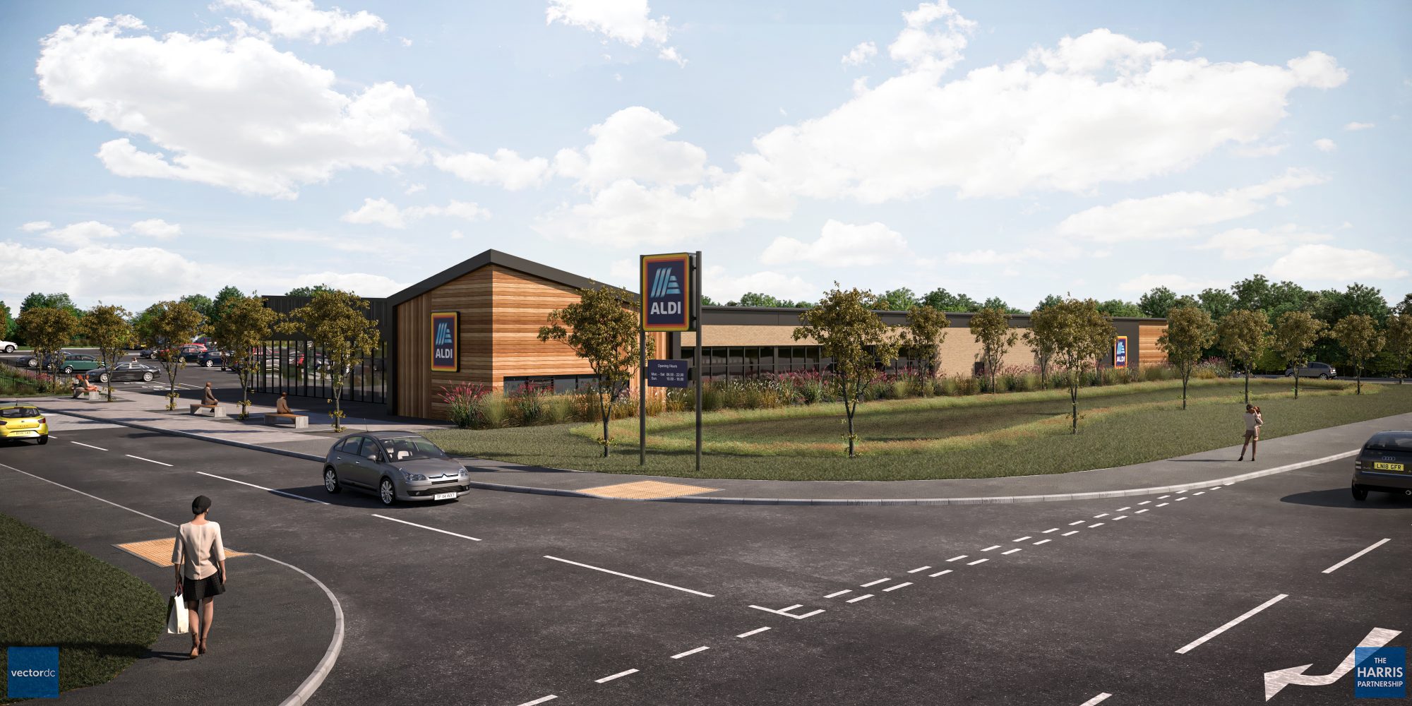 Viking Park, Congleton. CGI of an aldi store and a road