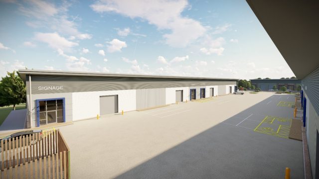 Beauchamp Business Park, Unit G. CGI of terrace units with yard and car park space