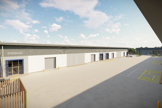 Beauchamp Business Park, Unit G. CGI of terrace units with yard and car park space