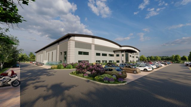 Fairham Business Park unit A2 CGI image of an industrial unit, car park and blue sky