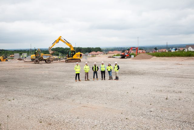 Clowes Developments Stud Brook Business Park six people in high vis on a construction site