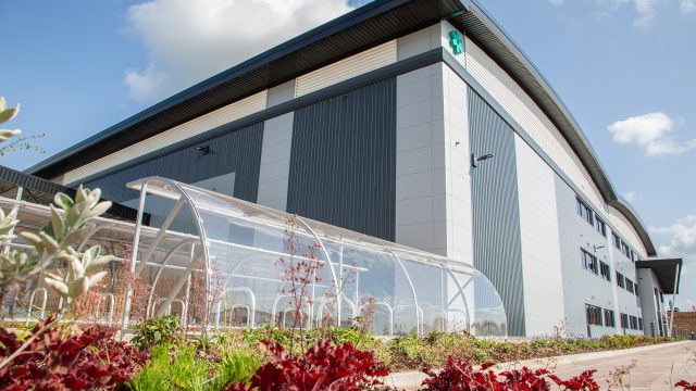 Clowes Developments Fairham Business Park Warehouse with bike shelter and flowers