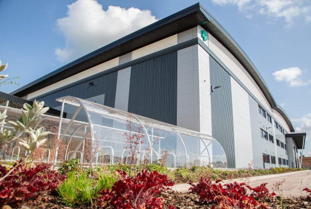 Clowes Developments Fairham Business Park Warehouse with bike shelter and flowers