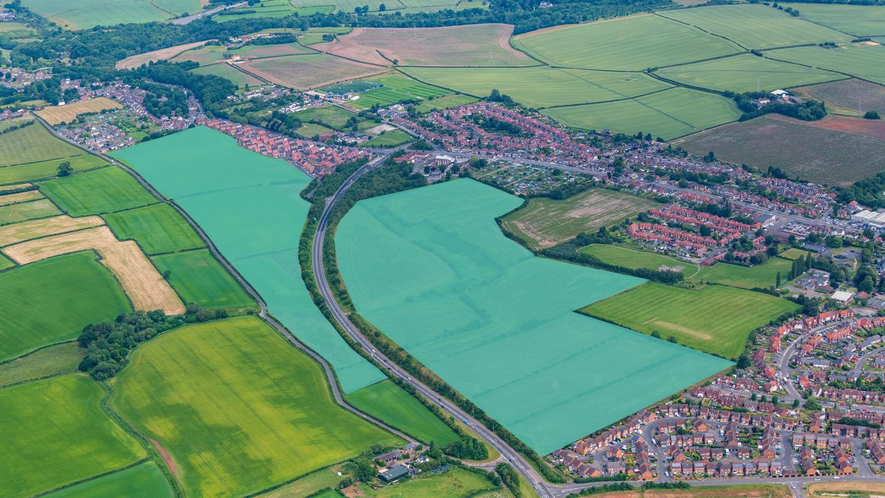 Clowes Developments Pleasley Hill Aerial image with blue outline of land