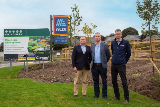 Clowes Developments Marc Freeman with agents Mark Sillitoe and Andrew Groves at Viking Park, Congleton